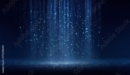 Dark blue backdrop, light beams, glitter particles