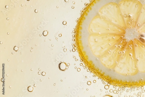 Refreshing lemon slice submerged in carbonated water, creating a bubbly and invigorating visual