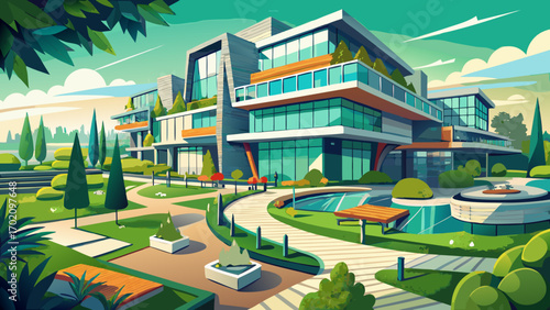 Modern European residential complex, blending concrete, glass, and steel, surrounded by green pathways and benches, offering stylish living spaces with panoramic views and a vibrant, cosmopolitan life