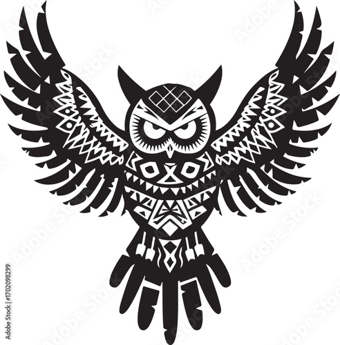 Powerful owl with wings spread wide featuring tribal art design