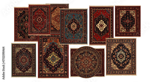 A vibrant collection of ornate Oriental rugs with intricate floral and geometric patterns.