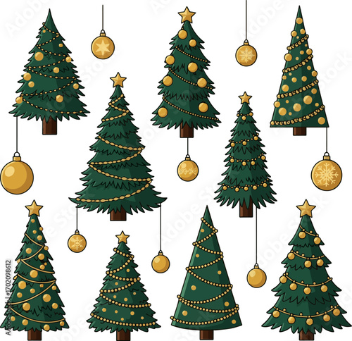 Create a kinds of deferent christmas hristmas tree with golden decorations vector art with white background.