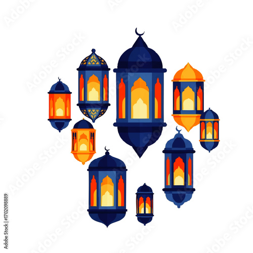 A vibrant composition of glowing blue and orange Islamic Fanoos lanterns with ornate, traditional Arabic designs and crescent moon finials.