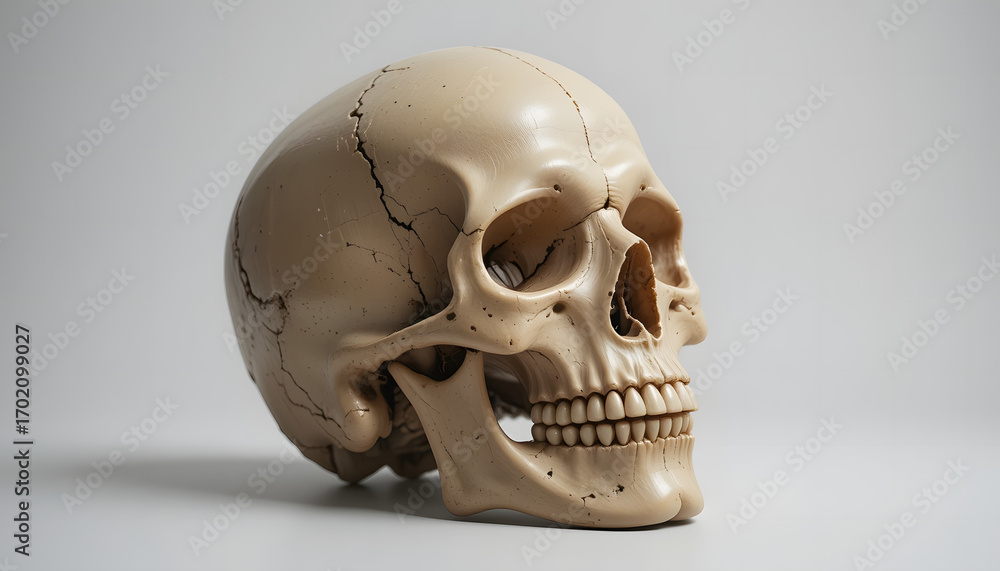 Naklejka premium A Realistic Beige Skull With Visible Cracks And Detailed Teeth Is Shown Against A Light Transparent Background