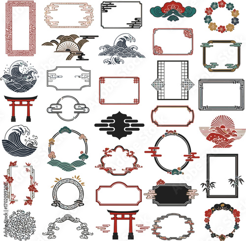 Create a kinds of deferent Japanese style frame collection vector art with white background.
