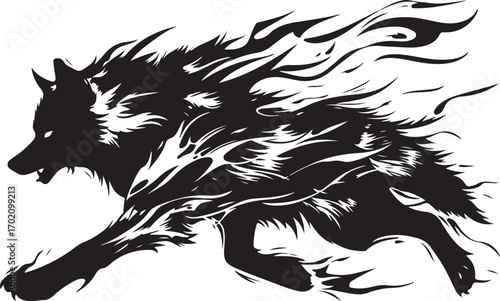 Dynamic black wolf running with flowing mane design