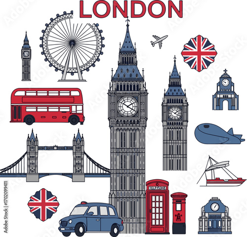 Create a kinds of deferent London illustration, England and UK concept, Big Ben drawing vector art with white background.