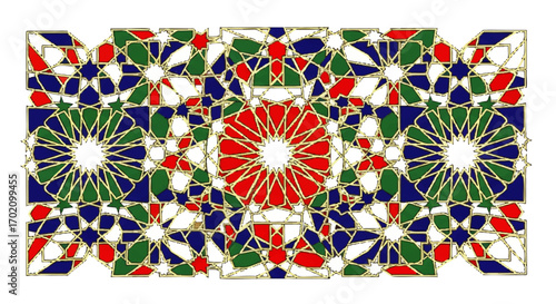 An intricate Islamic geometric pattern of red, blue, and green stars and polygons with elegant gold outlines.