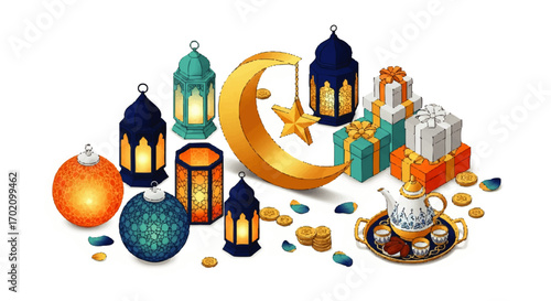 An isometric collection of Ramadan celebration objects, including glowing lanterns, a golden crescent moon, gifts, and a tea set.