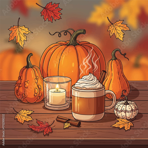 Still life of pumpkin spice season items, including a cup of coffee with whipped cream, surrounded by pumpkins, gourds, and fall leaves on a wooden table with a lit candle, conveying a cozy