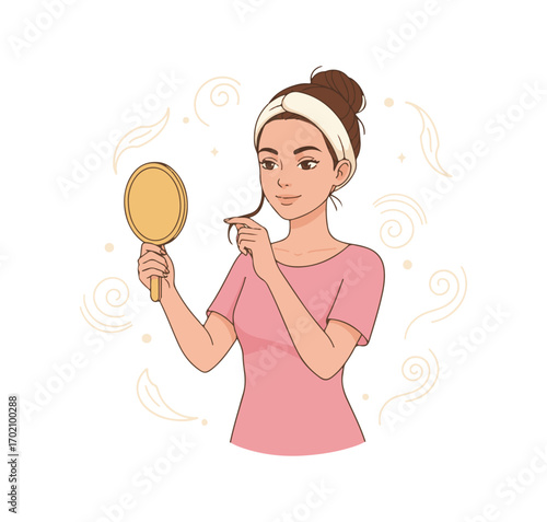 A young woman is taking care of her face with different actions. It's all about facial skin care, hygiene, beauty, and cosmetics.