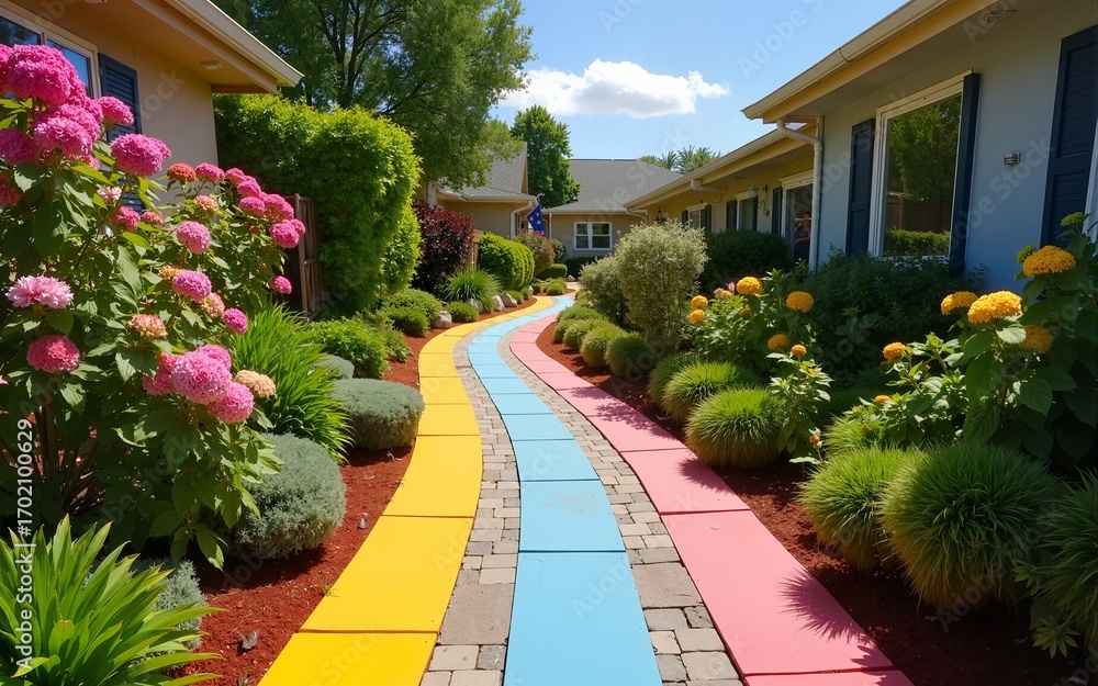 Obraz premium Colorful Painted Path Through a Residential Neighborhood Garden. High quality