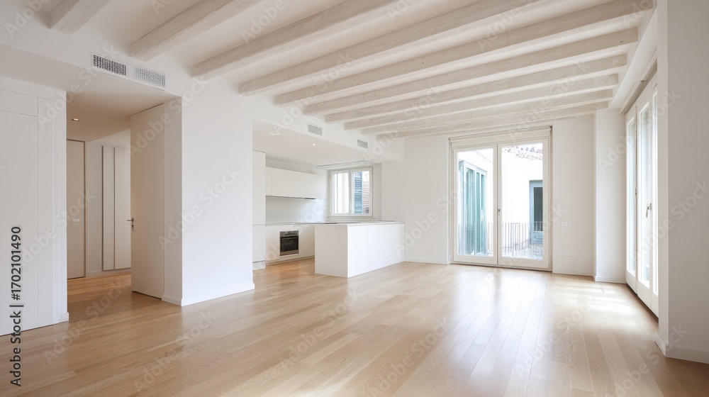 Fototapeta premium Bright Modern Apartment Interior with Open Floor Plan and Wooden Floors for Real Estate