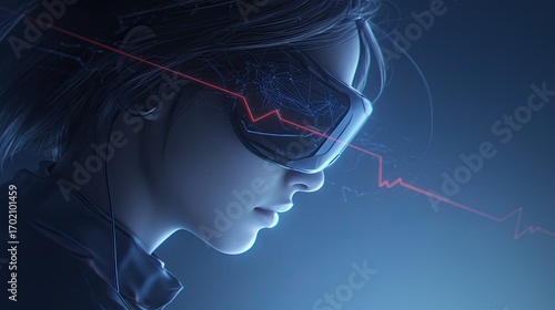 Profile of a person wearing futuristic goggles with red light trails in a dark, blue-toned environment