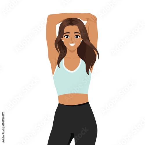 Young woman in sportswear stretching her arms, representing fitness, warm up, and healthy lifestyle. Flat Vector character illustration