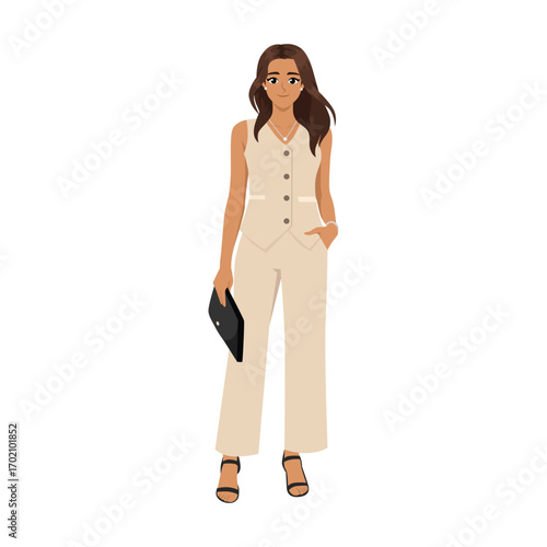 Stylish woman wearing beige business casual attire with a clutch bag, representing confidence. Flat Vector character illustration