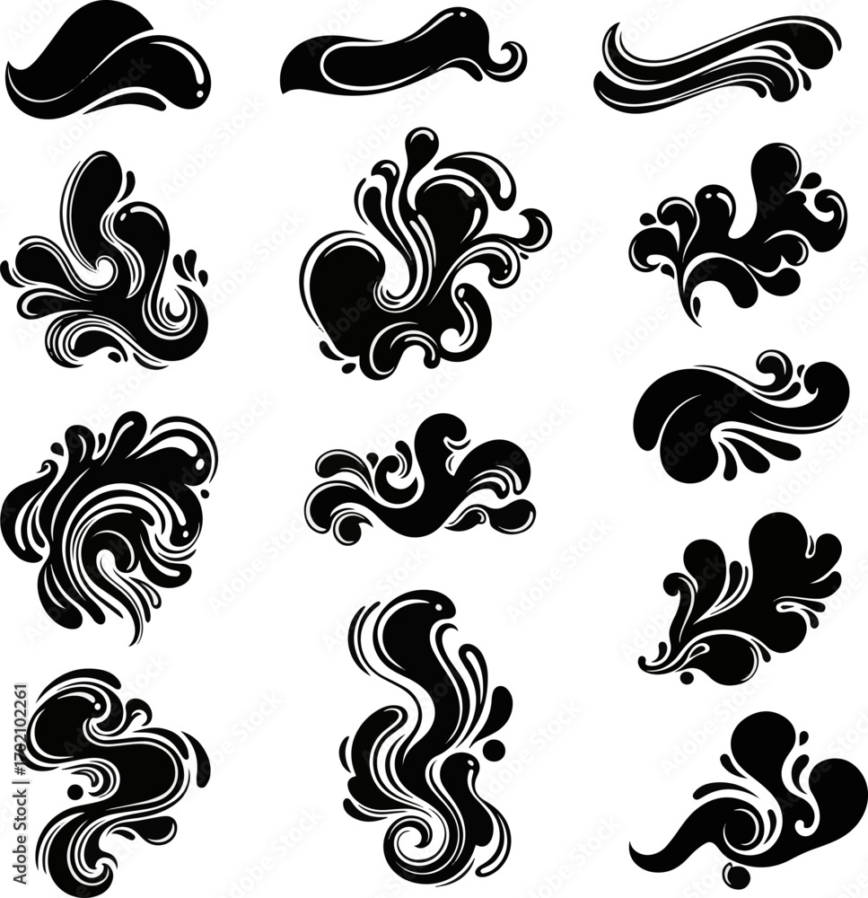 Fototapeta premium Create a kinds of deferent Vector_ Various types of monochrome fluid shape silhouettes vector art with white background.