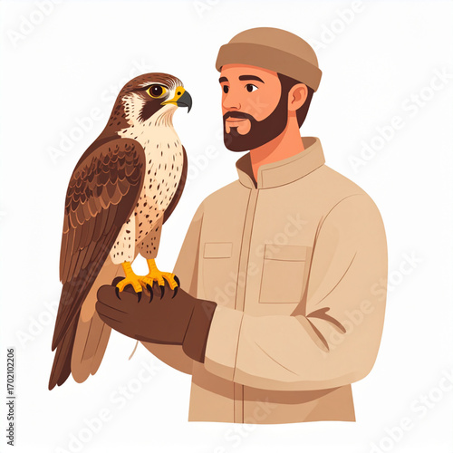Vector Illustration of Falconer Holding Falcon on Glove