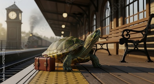 A patient turtle traveler awaits departure at a vintage railway station