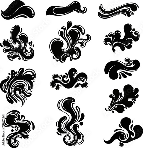 Create a kinds of deferent Vector_ Various types of monochrome fluid shape silhouettes vector art with white background.