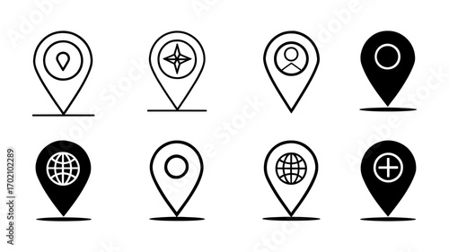 Eight Location Pin Icons with Different Symbols map marker