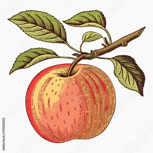 Vintage Apple with Branch and Leaves Botanical Illustration