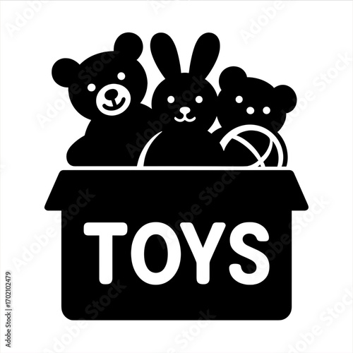 Silhouette of a toy box filled with plush toys including a teddy bear and bunny