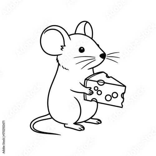Cute mouse character eating cheese slice line art doodle illustration for kids and food themes vector
