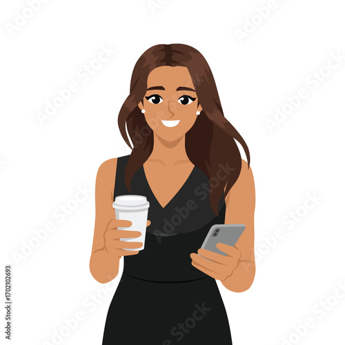 Businesswoman holding a takeaway coffee cup and a smartphone, representing modern lifestyle. Flat Vector character illustration