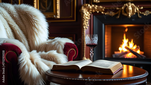 Armchair with fur throw book and wine glass on table near fireplace in cozy room setting