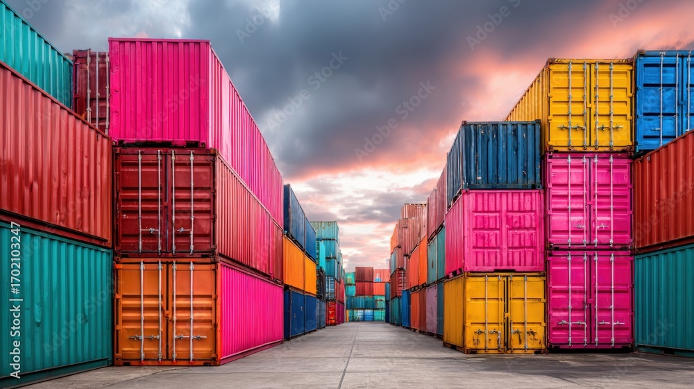 Fototapeta premium Vibrant Shipping Containers Stacked at Port Terminal Under Dramatic Sky