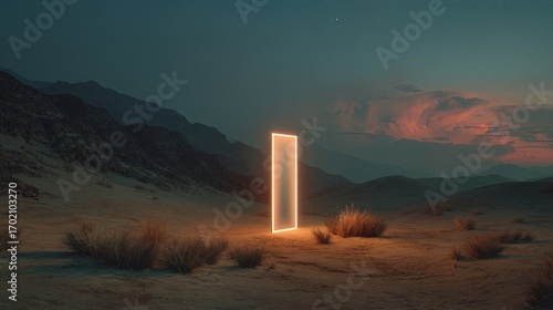 Glowing Portal In Desert Landscape At Sunset