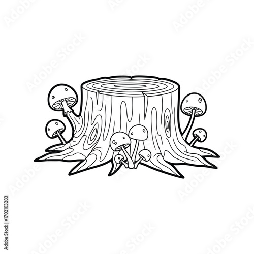 Forest floor scene with tree stump and growing mushrooms outline drawing vector