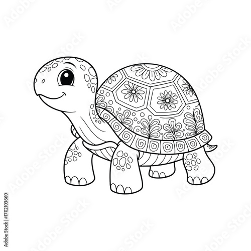 Cute cartoon tortoise illustration line art perfect for kids coloring pages and children's books vector