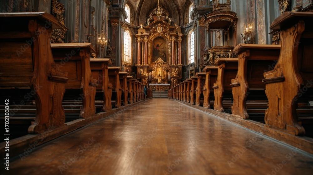 Fototapeta premium Ornate Catholic Church Interior with Wooden Pews and Gilded Altar, Emphasizing Tradition and Architectural Beauty