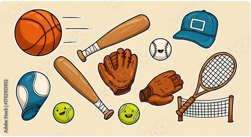 Hand-drawn collection of various sports equipment including basketball, baseball, and tennis items.