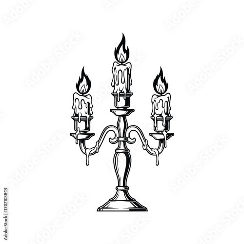 Vintage candelabra with three lit candles stylized engraving illustration vector