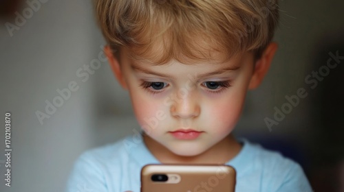 Little boy focused on smartphone digital dependency