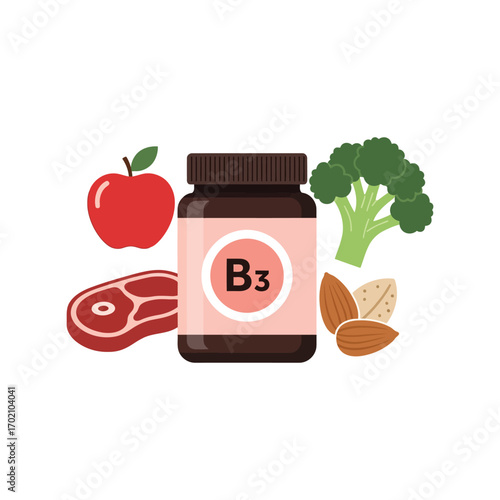 Vitamin b3 niacin supplement bottle with healthy foods sources apple meat broccoli almonds vector