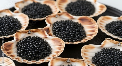 Black Caviar in Scallop Shells Gourmet Delicacy.
