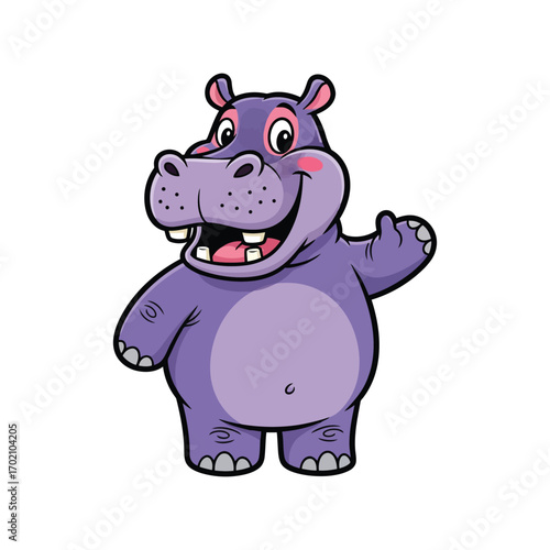 Happy cartoon hippo waving friendly hello cheerful animal character illustration vector
