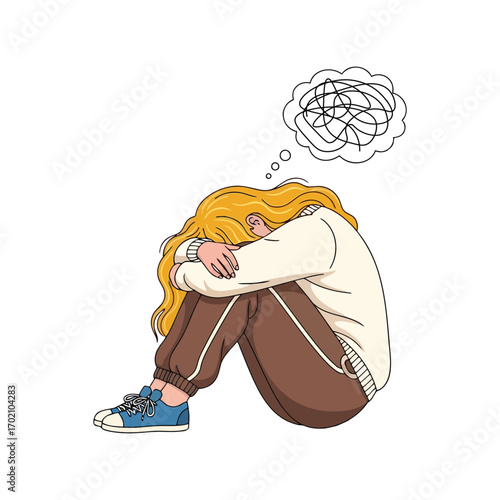 Young woman feeling stressed anxious and overwhelmed with tangled thoughts in head vector