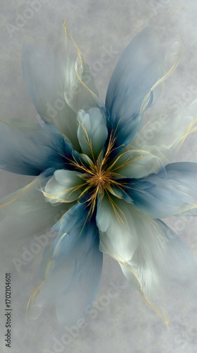 Serene abstract flower with delicate blue, green and gold petals. soft, ethereal and elegant floral background
