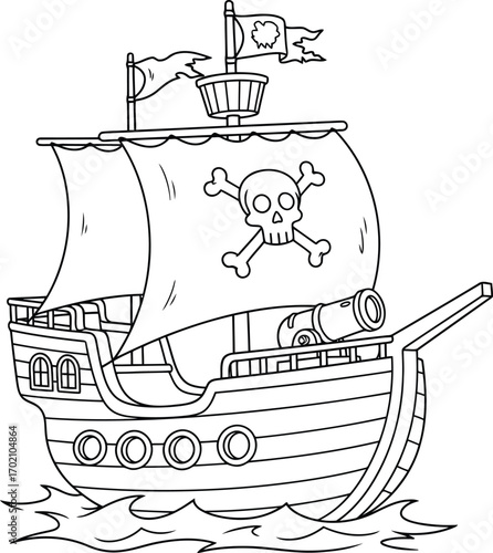 Pirate ship jolly roger sailing the ocean waves nautical adventure illustration vector
