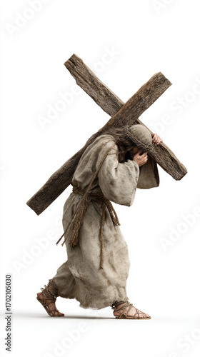 Jesus Christ carrying heavy wood cross with suffering on Good Friday. solemn depiction of passion and religion