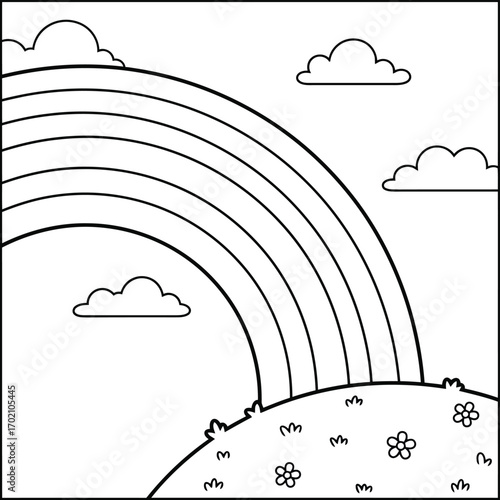 Outline rainbow arching over grassy hillside with clouds and flowers for coloring vector