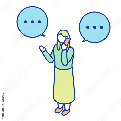 An isometric illustration of a woman talking on her smartphone. She appears to be discussing her troubles or worries.