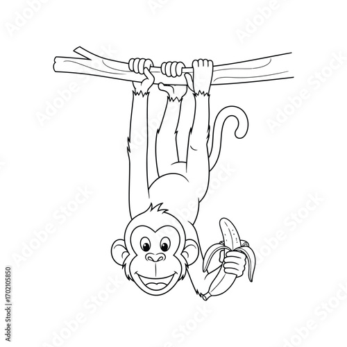 Cute monkey hanging upside down on tree branch holding banana outline drawing vector