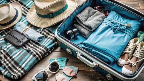 Luggage with holiday clothes and accessories scattered all over it