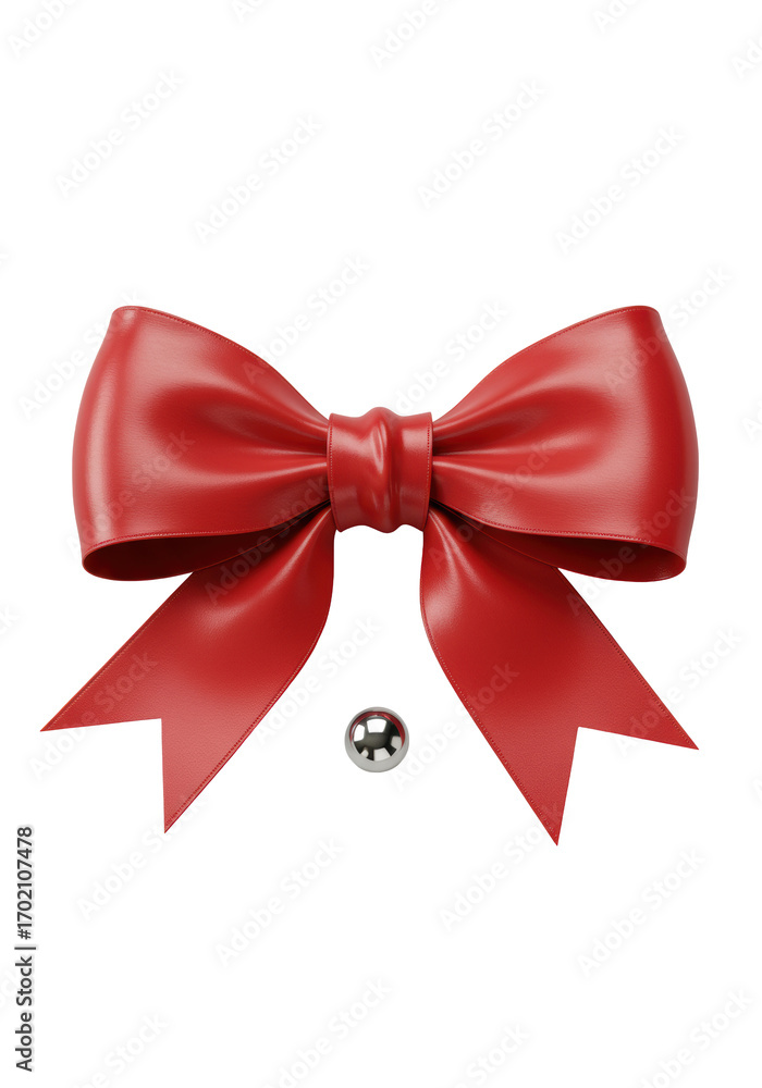 Fototapeta premium A luxurious, crimson red satin bow with a high-gloss finish and a polished silver sphere, isolated on a seamless, shadowless transparent background, concept of elegant gift presentation